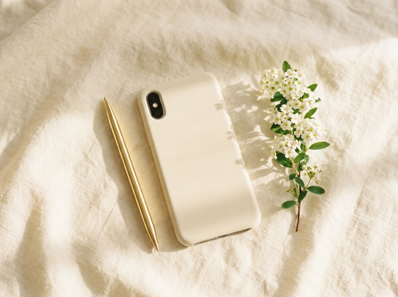 A phone, a gold pen and a sprig of white blossom on cream linen